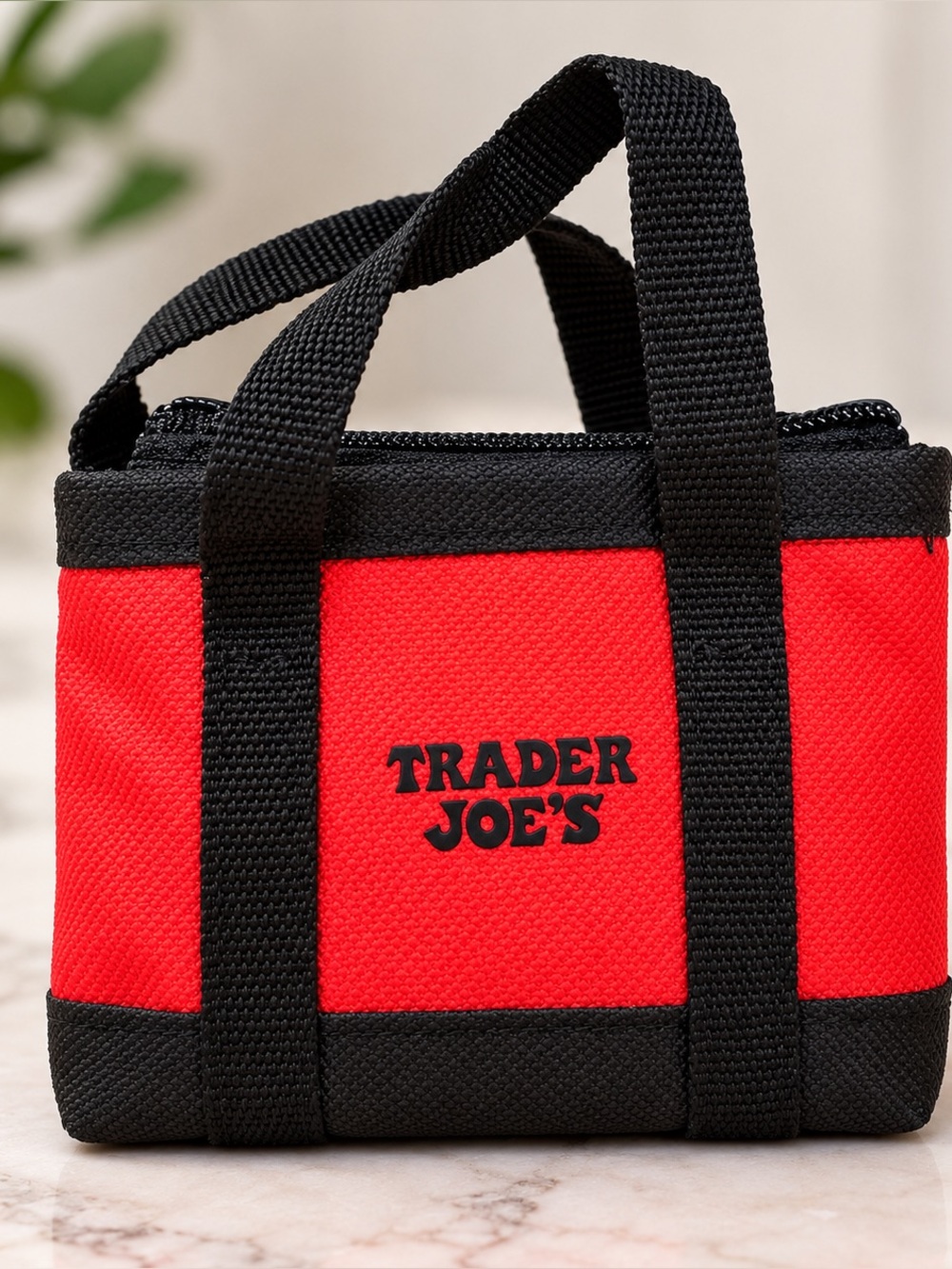 NWT Trader Joe’s Micro Mini Tote Bag Keychain Red Black w/ Reusable Bag NEW